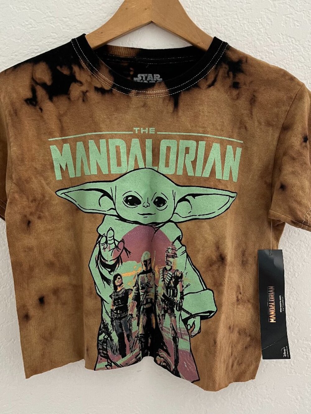 Grogu Mandalorian Star Wars tie dye brown black crop top shirt womens XS